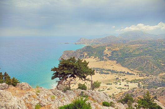 Beautiful Tsambika viewpoint landscape from mountain .Rhodes. Greece.  HDR photo