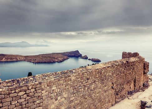 Lindos bay view from the antique fortress, Rhodes island, Greece