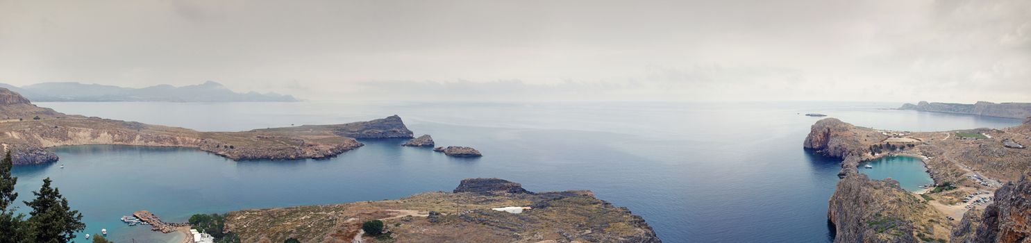 Lindos bay and St. Paul's Bay panorama, Rhodes island, Greece