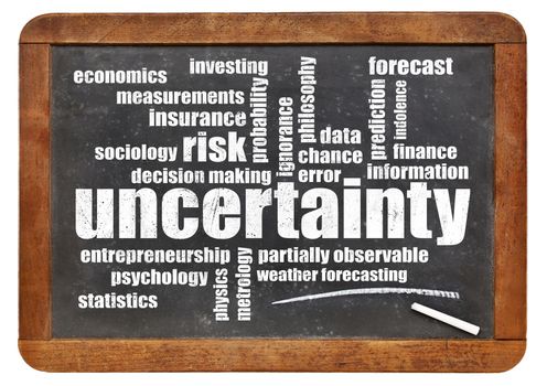 uncertainty and risk word cloud - white chalk text on a vintage blackboard