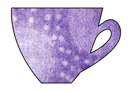 Cup of tea and coffee. Handmade. Watercolor Mixed media. Cut paper. Tea time. Purple