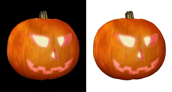 Two copies of Jack O'Lantern isolated on black and white background.