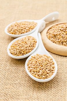 Golden flax seeds or linseeds in white spoon on sack background. Super food.