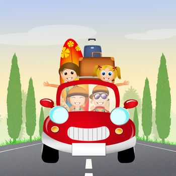 illustration of family on car