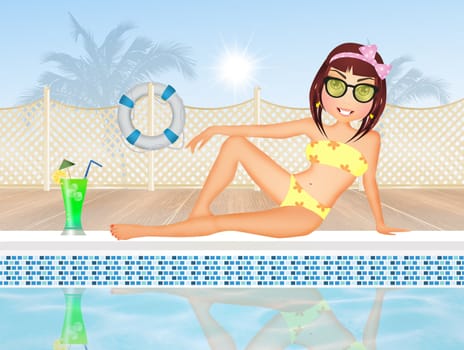illustration of girl drink cocktail at the pool