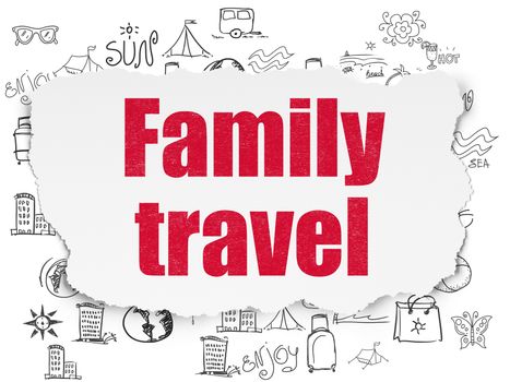 Travel concept: Painted red text Family Travel on Torn Paper background with  Hand Drawn Vacation Icons