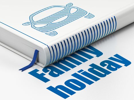 Tourism concept: closed book with Blue Car icon and text Family Holiday on floor, white background, 3D rendering