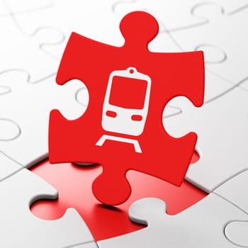 Travel concept: Train on Red puzzle pieces background, 3D rendering