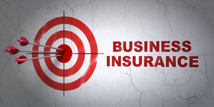 Success Insurance concept: arrows hitting the center of target, Red Business Insurance on wall background, 3D rendering