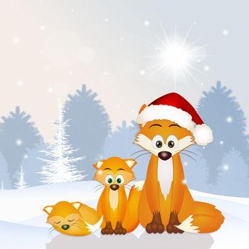 illustration of red fox family at Christmas hat