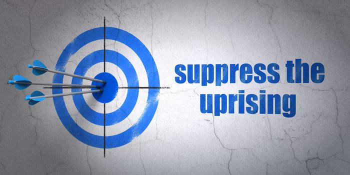 Success politics concept: arrows hitting the center of target, Blue Suppress The Uprising on wall background, 3D rendering