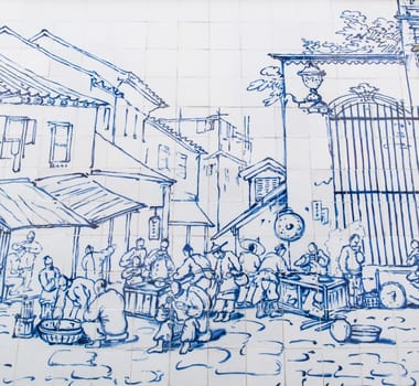 Macau - March 14, 2016 : Street Restaurant Outside S. Domingos was drew on ceramic wall by George Chinnery in 1840 - Wall art around Cathedral a part of Historic Center in Macau
