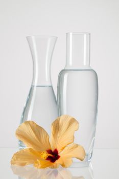 Two vases with clean water and hibiskus flower on a glass table