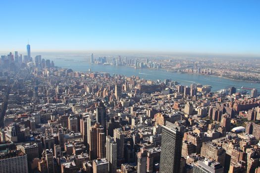 Manhattan New York Downtown Skyline and Hudson River in Morning Smog