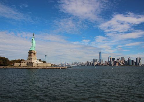 Statue of Liberty and Skyscraper Skyline Downtown Manhattan New York