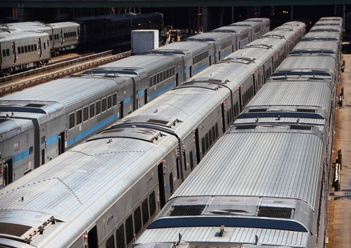 Perspective Lines of Silver New York Subway Trains in Storage Depot Area