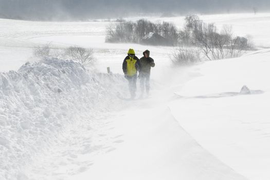 Two teenagers abandoned their vehicle and set out on foot when drifting snow made the rural road  impassable.