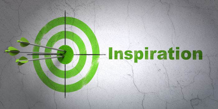 Success advertising concept: arrows hitting the center of target, Green Inspiration on wall background, 3D rendering