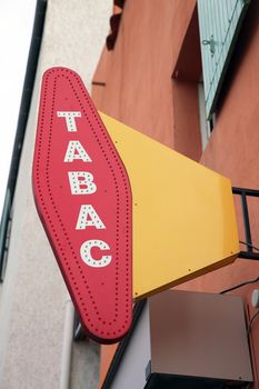 French Red And White Sign Tabac. In France "Tabac" means Tobacco