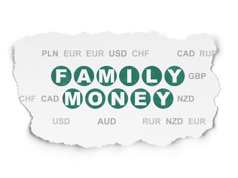 Money concept: Painted green text Family Money on Torn Paper background with  Currency