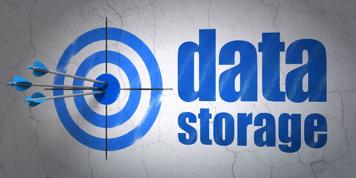 Success Data concept: arrows hitting the center of target, Blue Data Storage on wall background, 3D rendering