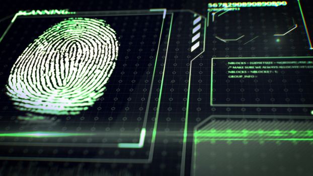 3D rendering of Scanning fingerprint. Interface HUD. Abstract background. 