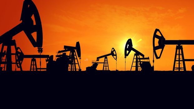 3D rendering of Silhouette pump jacks at sunset. Oil industry. 