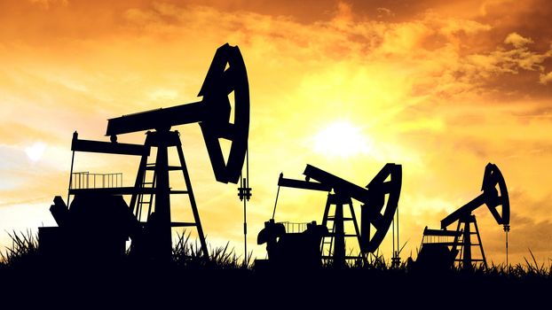 3D rendering of Oil pumps. Oil industry equipment.