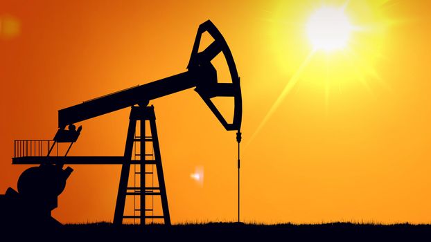 3D rendering of pump jacks at sunset