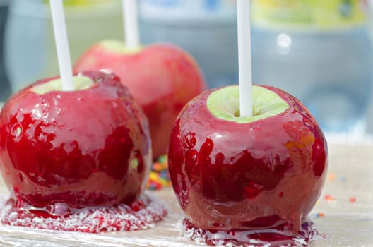 Fresh apples on a stick covered with red caramel ,on the market