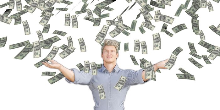 Man Catching Money Falling From the Sky in US Dollars