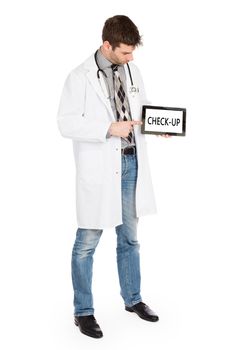 Doctor, isolated on white backgroun,  holding digital tablet - Check-up