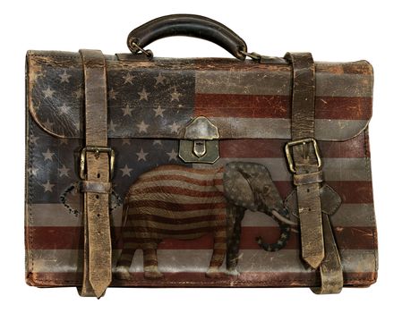 Antique briefcase printed with the United States flag and an elephant representing the republican party.