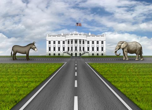 Digital illustration of the White House, three roads leading to it, and an elephant and donkey representing the Republican and Democratic parties.