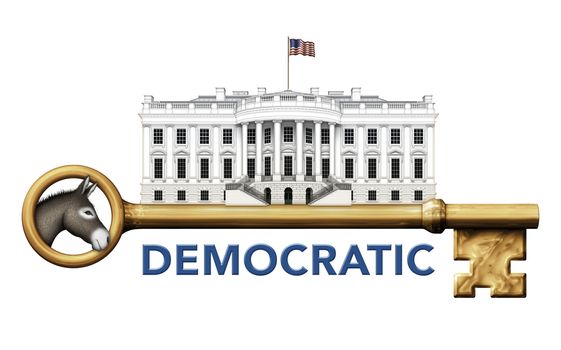 Digital illustration of the White House, a skeleton key, and a donkey representing the Democratic party.