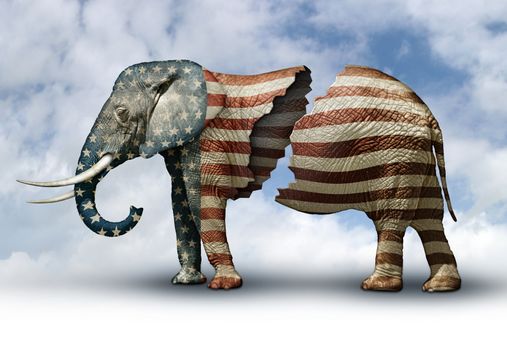 Photo illustration of a flag adorned elephant, split in two to represent the fracturing of the Republican party.