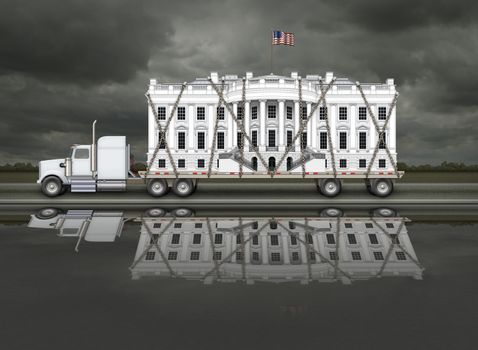 Digital illustration of the White House on a flat bed truck.