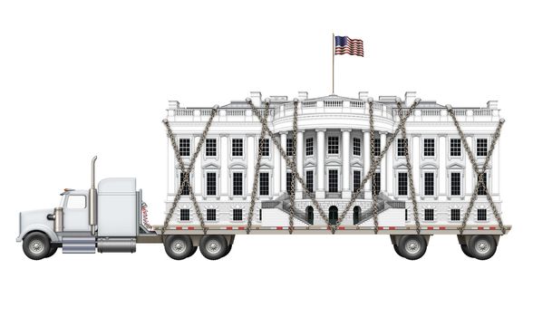 Digital illustration of the White House on a flat bed truck.