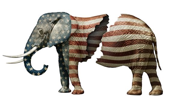 Photo illustration of a flag adorned elephant, split in two to represent the fracturing of the Republican party.