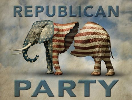 Photo illustration of a flag adorned elephant, split in two to represent the fracturing of the Republican party. Includes the words REPUBLICAN PARTY.