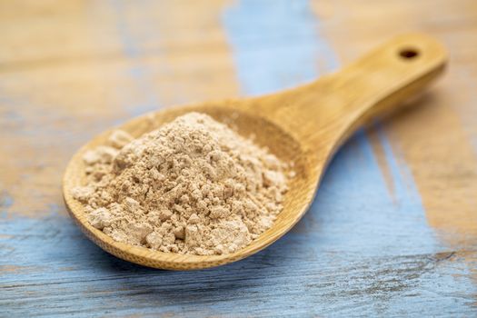 red maca root powder on a wooden spoon  against painted wood