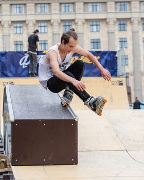 KHARKOV, UKRAINE - JUNE 11, 2016: Aggressive rollerblading competition,festival of street culture on Freedom Square in Kharkov