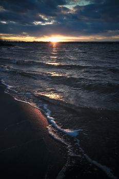 Sunset and waves, Pond in Rhode Island