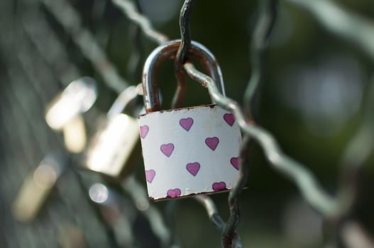 Close-up on lockers symbolizing everlasting love on a bridge fence