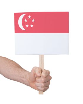 Hand holding small card, isolated on white - Flag of Singapore