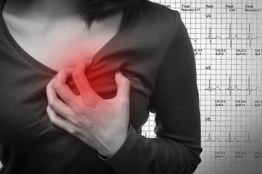 Woman is clutching her chest, acute pain possible heart attack