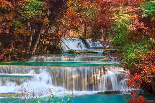 Waterfalls In Deep Forest at Huai Mae Khamin Waterfall in National Park Kanchanaburi Thailand