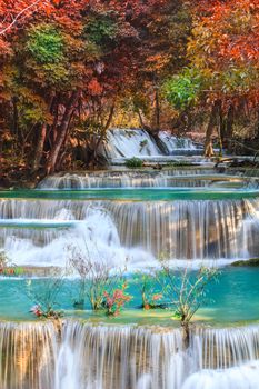 Waterfalls In Deep Forest at Huai Mae Khamin Waterfall in National Park Kanchanaburi Thailand