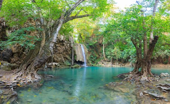 Waterfalls In Deep Forest at Erawan Waterfall in National Park Kanchanaburi Thailand