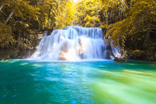 Waterfalls In Deep Forest at Huai Mae Khamin Waterfall in National Park Kanchanaburi Thailand